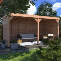 Overkapping Douglas Hout Blank Met Achterwand En 2 Zijwanden 270x522 Cm -Buitenleven & Tuin 123 1807